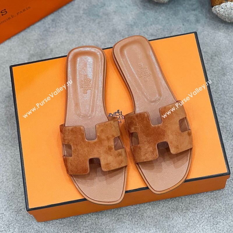 Hermes Oran Classic Flat Slides Sandal in Suede Brown 2025 H02272 (MD-250227023)