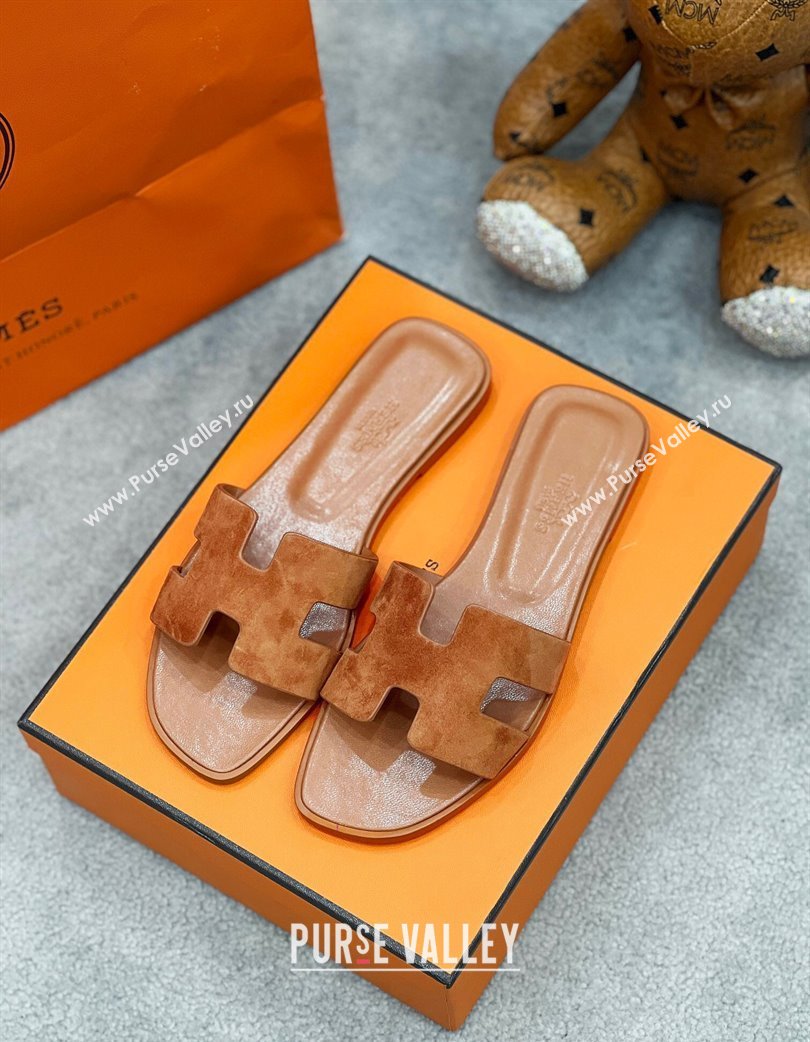 Hermes Oran Classic Flat Slides Sandal in Suede Brown 2025 H02272 (MD-250227023)