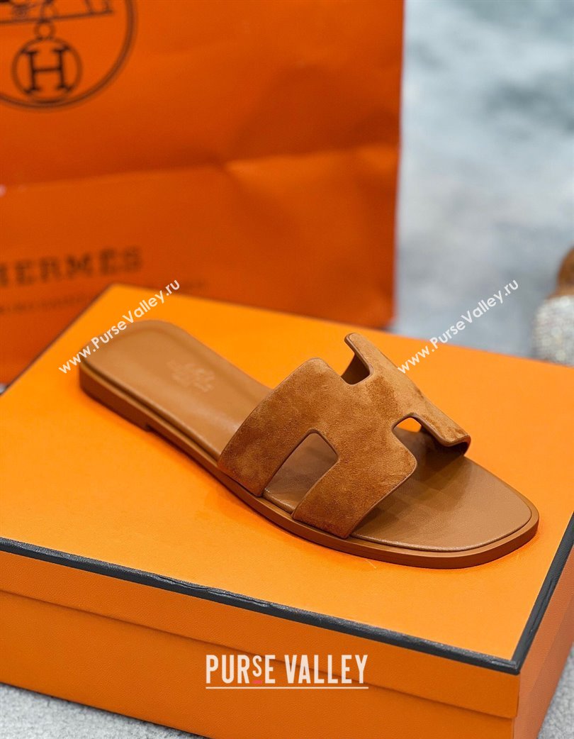 Hermes Oran Classic Flat Slides Sandal in Suede Brown 2025 H02272 (MD-250227023)