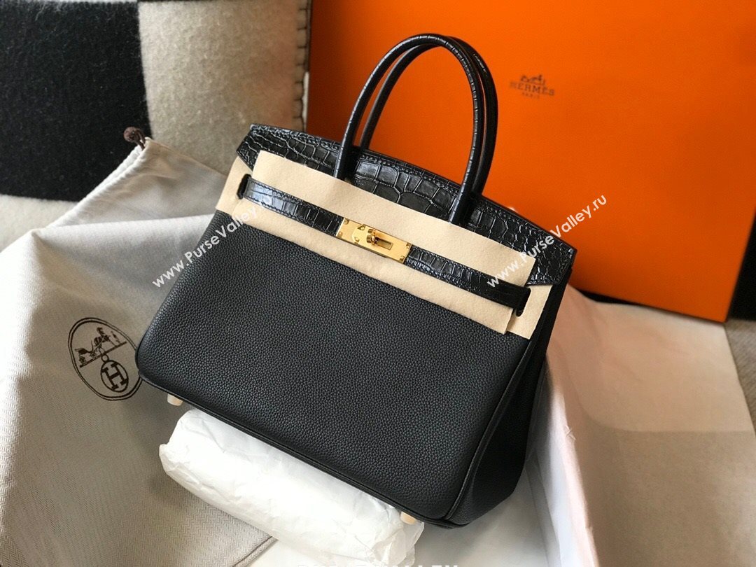 Hermes Touch Birkin Bag 30cm in Crocodile Embossed Leather and Togo Calfskin Black/Gold 2021 (FL-21031811)