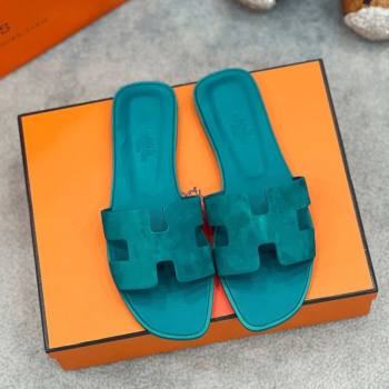 Hermes Oran Classic Flat Slides Sandal in Suede Green 2025 H02272 (MD-250227024)