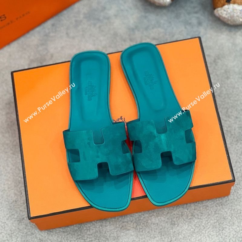 Hermes Oran Classic Flat Slides Sandal in Suede Green 2025 H02272 (MD-250227024)