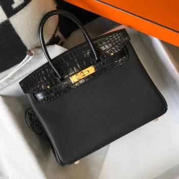 Hermes Touch Birkin Bag 30cm in Crocodile Embossed Leather and Togo Calfskin Black/Gold 2021 (FL-21031811)