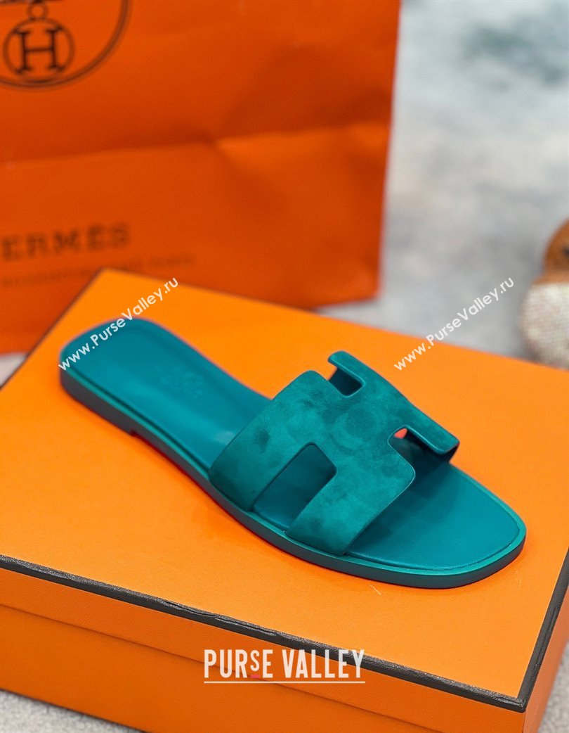 Hermes Oran Classic Flat Slides Sandal in Suede Green 2025 H02272 (MD-250227024)