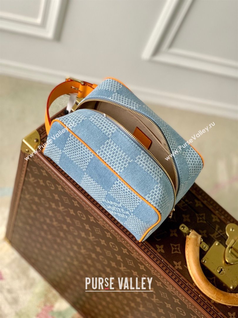 Louis Vuitton Locker Dopp Kit Pouch in Damier Denim 3D Cotton Canvas N47053 Blue 2024 (K-24061702)