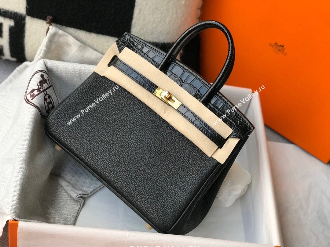 Hermes Touch Birkin Bag 25cm in Crocodile Embossed Leather and Togo Calfskin Black/Gold 2021 (FL-21031810)