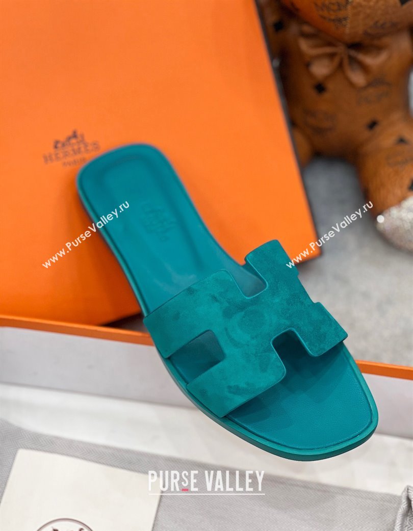 Hermes Oran Classic Flat Slides Sandal in Suede Green 2025 H02272 (MD-250227024)