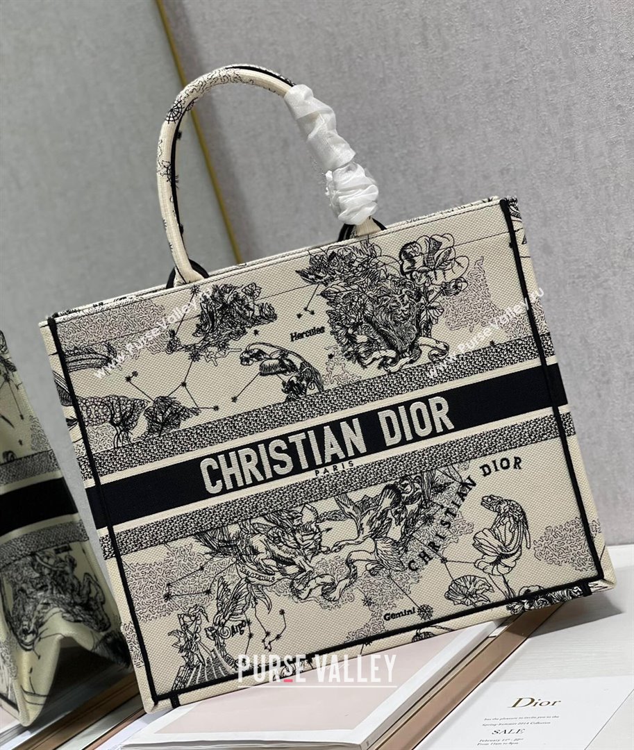 Dior Large Book Tote Bag in Latte White Multicolor Zodiac Embroidery 2021 (XXG-21102023)