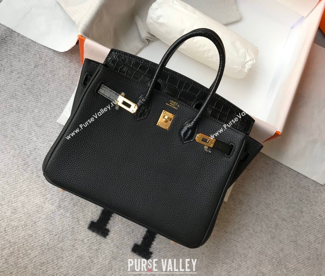 Hermes Touch Birkin Bag 25cm in Crocodile Embossed Leather and Togo Calfskin Black/Gold 2021 (FL-21031810)