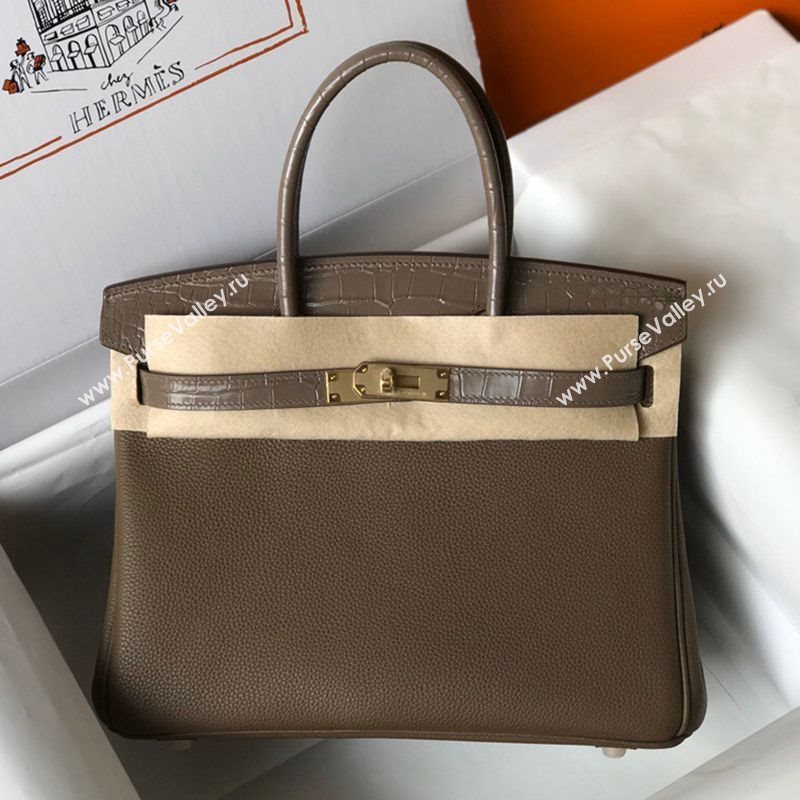 Hermes Touch Birkin Bag 30cm in Crocodile Embossed Leather and Togo Calfskin Grey/Gold 2021 (FL-21031806)