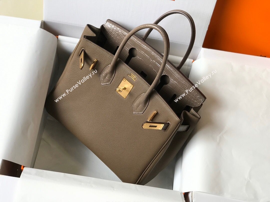 Hermes Touch Birkin Bag 30cm in Crocodile Embossed Leather and Togo Calfskin Grey/Gold 2021 (FL-21031806)