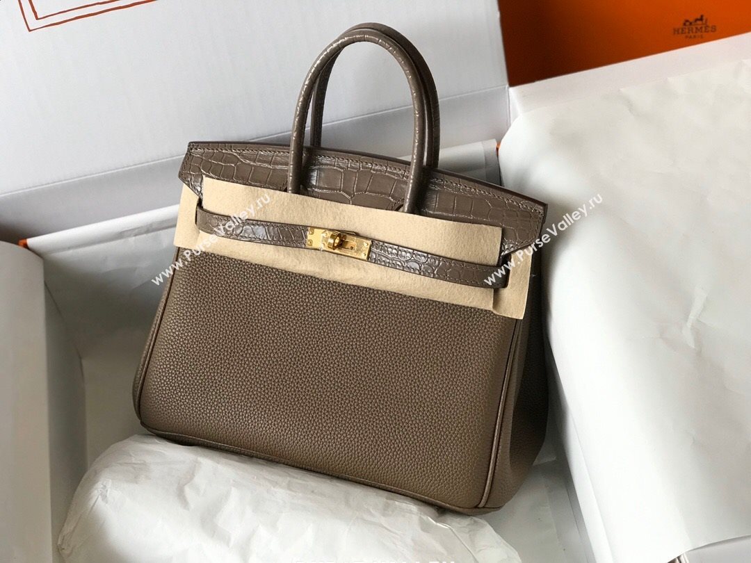 Hermes Touch Birkin Bag 25cm in Crocodile Embossed Leather and Togo Calfskin Grey/Gold 2021 (FL-21031805)