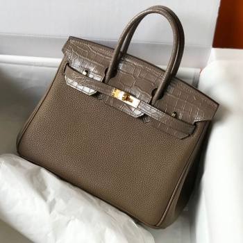 Hermes Touch Birkin Bag 25cm in Crocodile Embossed Leather and Togo Calfskin Grey/Gold 2021 (FL-21031805)