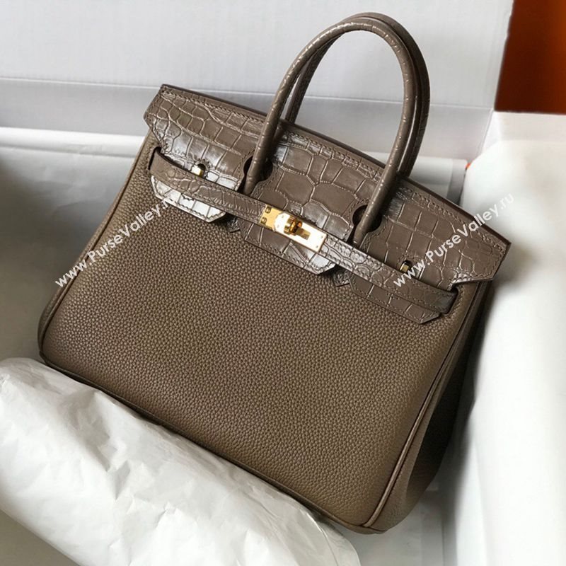 Hermes Touch Birkin Bag 25cm in Crocodile Embossed Leather and Togo Calfskin Grey/Gold 2021 (FL-21031805)