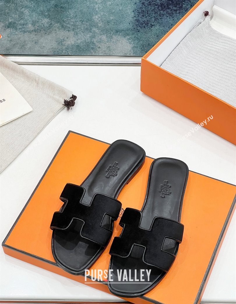 Hermes Oran Classic Flat Slides Sandal in Velvet Black 2025 H02272 (MD-250227029)