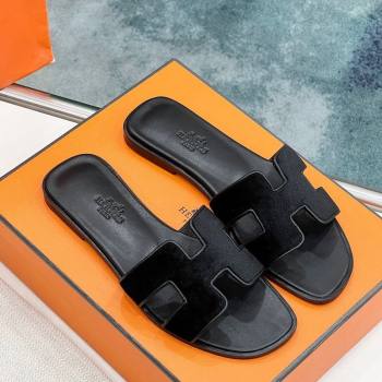 Hermes Oran Classic Flat Slides Sandal in Velvet Black 2025 H02272 (MD-250227029)