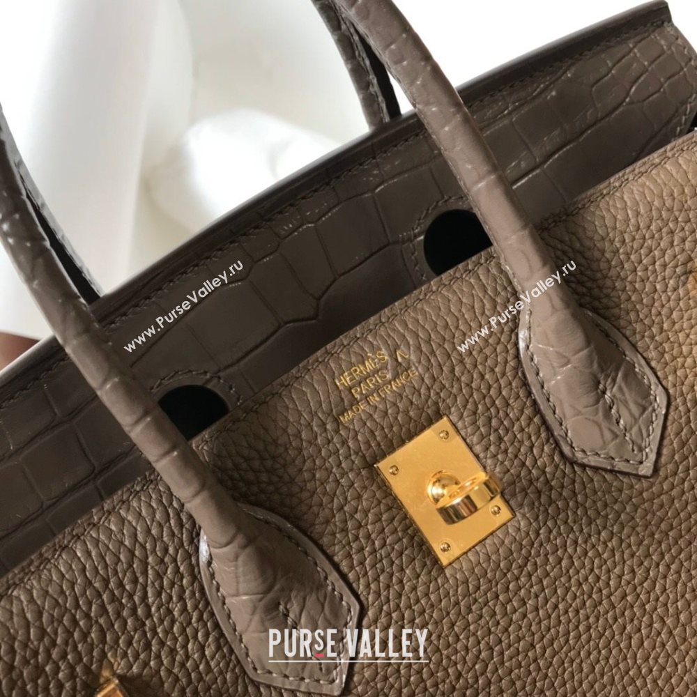 Hermes Touch Birkin Bag 25cm in Crocodile Embossed Leather and Togo Calfskin Grey/Gold 2021 (FL-21031805)