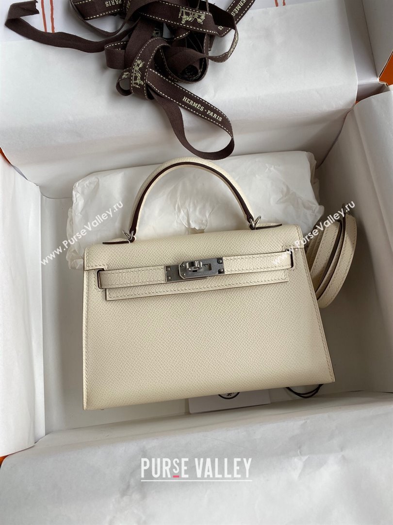 Hermes Mini Kelly II Bag 19cm in Original Epsom Leather Cream White/Silver 2024 (Full Handmade) (XYA-24030117)