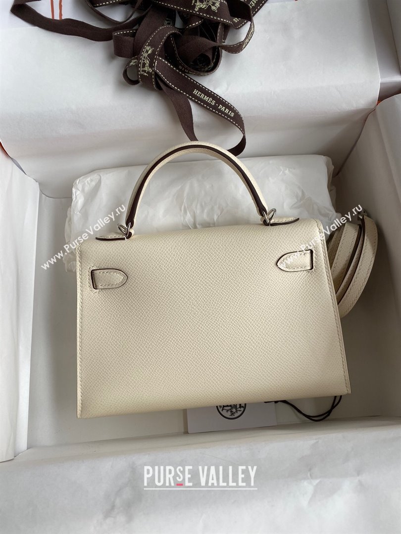 Hermes Mini Kelly II Bag 19cm in Original Epsom Leather Cream White/Silver 2024 (Full Handmade) (XYA-24030117)