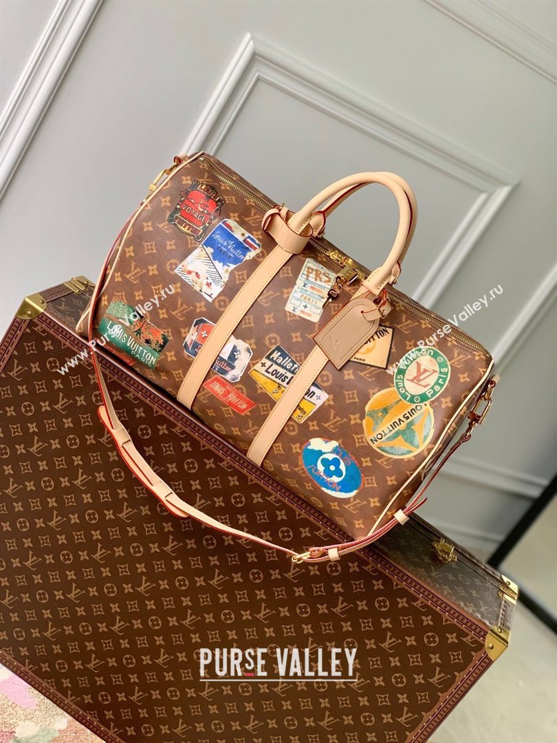 Louis Vuitton Keepall Bandouliere 45 Bag in Monogram Canvas with Vintage Hotel Labels M24960 Brown 2024 (K-24061709)