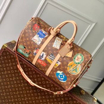 Louis Vuitton Keepall Bandouliere 45 Bag in Monogram Canvas with Vintage Hotel Labels M24960 Brown 2024 (K-24061709)