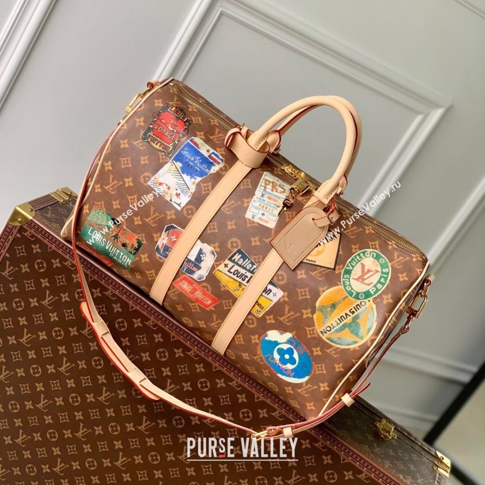 Louis Vuitton Keepall Bandouliere 45 Bag in Monogram Canvas with Vintage Hotel Labels M24960 Brown 2024 (K-24061709)