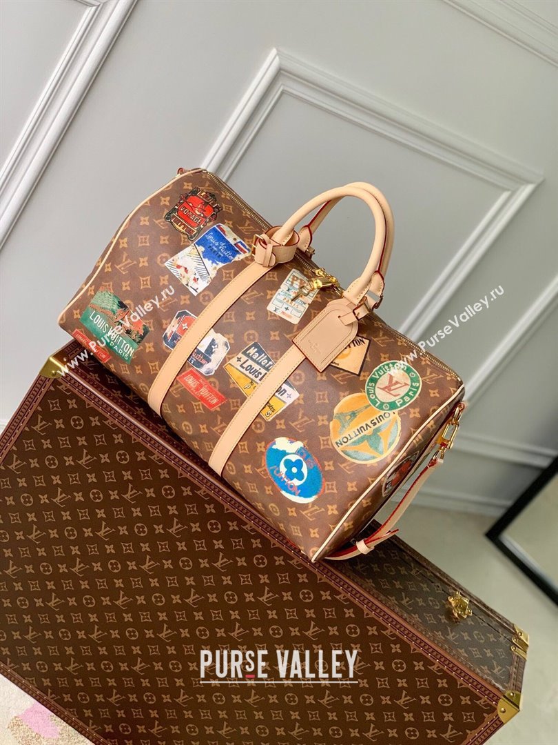 Louis Vuitton Keepall Bandouliere 45 Bag in Monogram Canvas with Vintage Hotel Labels M24960 Brown 2024 (K-24061709)