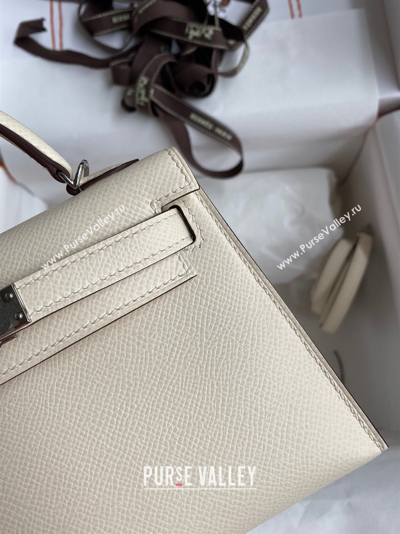 Hermes Mini Kelly II Bag 19cm in Original Epsom Leather Cream White/Silver 2024 (Full Handmade) (XYA-24030117)