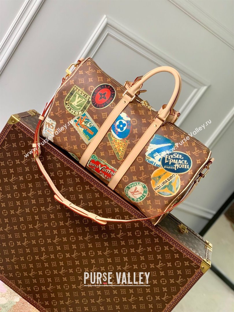 Louis Vuitton Keepall Bandouliere 45 Bag in Monogram Canvas with Vintage Hotel Labels M24960 Brown 2024 (K-24061709)