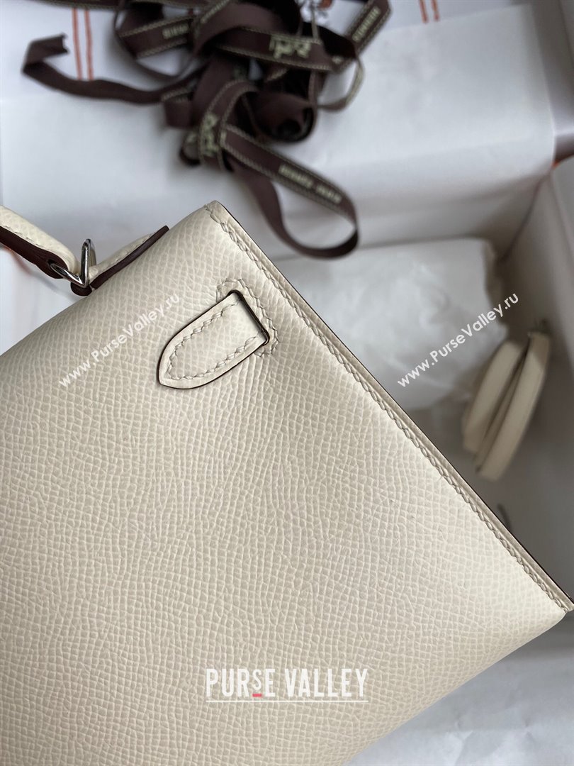 Hermes Mini Kelly II Bag 19cm in Original Epsom Leather Cream White/Silver 2024 (Full Handmade) (XYA-24030117)
