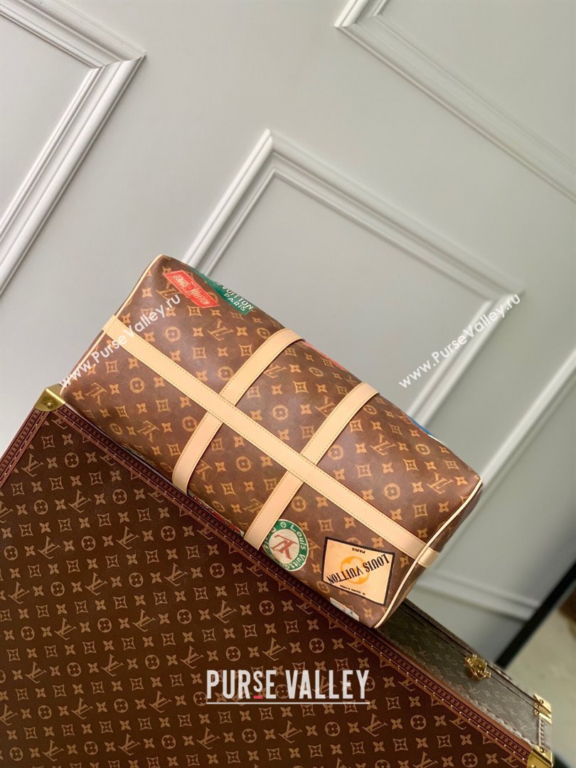 Louis Vuitton Keepall Bandouliere 45 Bag in Monogram Canvas with Vintage Hotel Labels M24960 Brown 2024 (K-24061709)