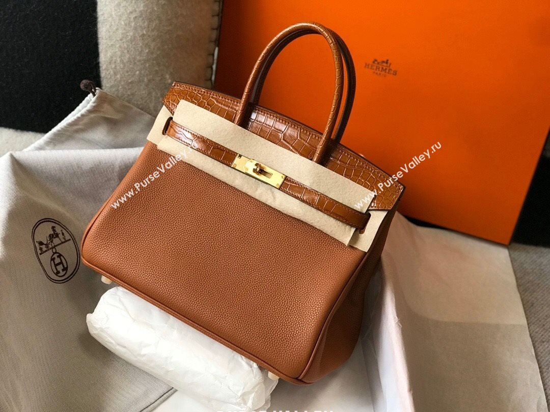 Hermes Touch Birkin Bag 30cm in Crocodile Embossed Leather and Togo Calfskin Brown/Gold 2021 (FL-21031802)