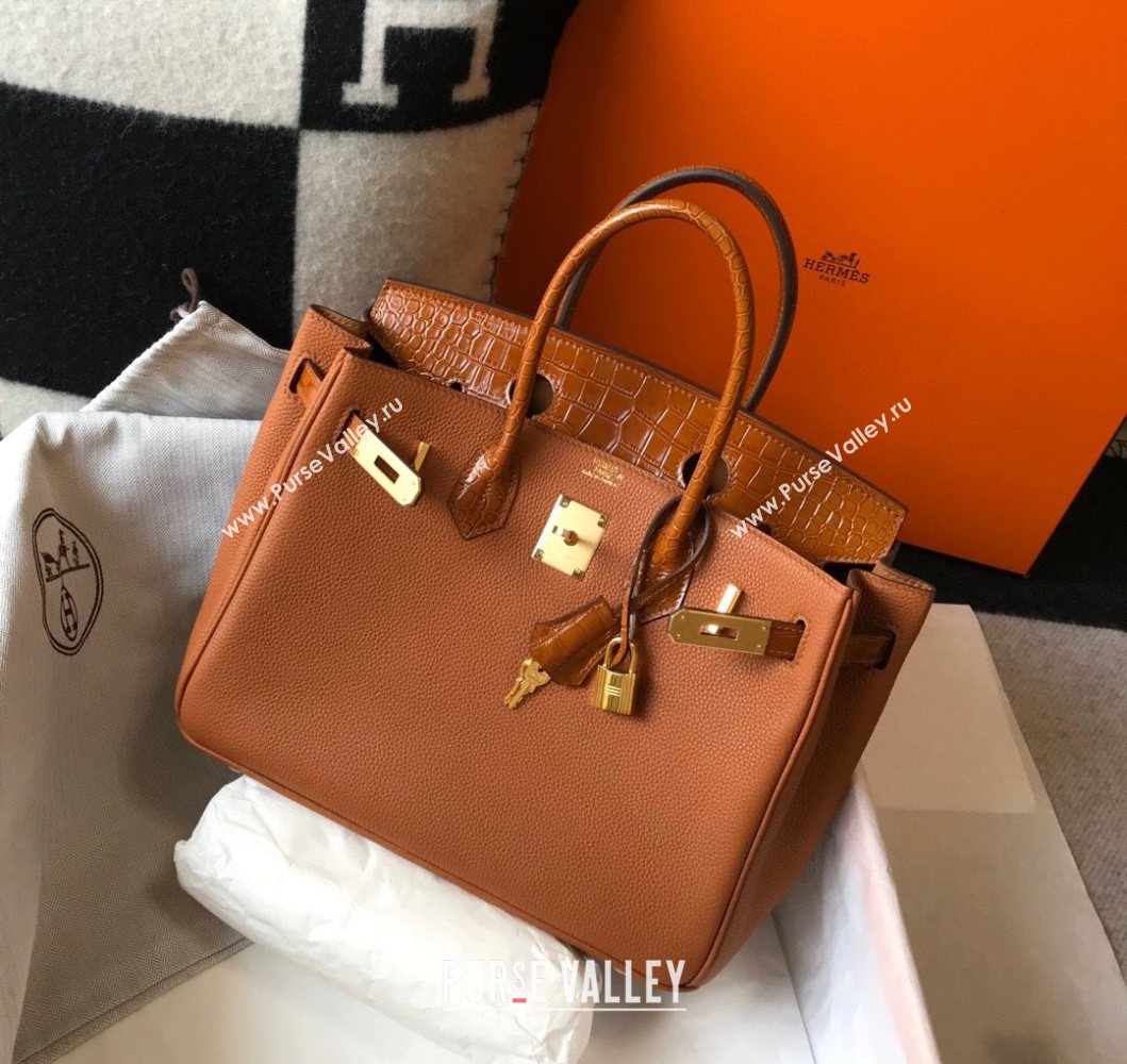 Hermes Touch Birkin Bag 30cm in Crocodile Embossed Leather and Togo Calfskin Brown/Gold 2021 (FL-21031802)