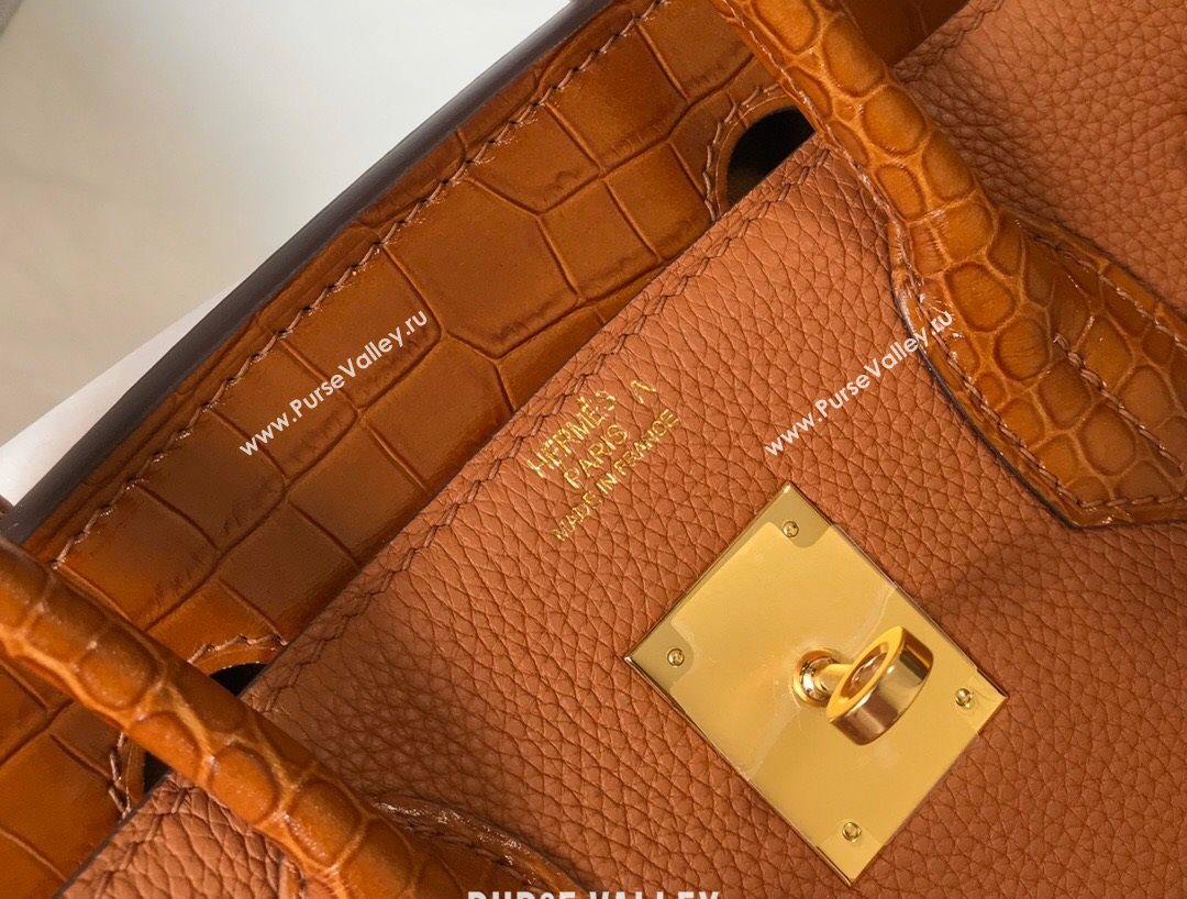 Hermes Touch Birkin Bag 30cm in Crocodile Embossed Leather and Togo Calfskin Brown/Gold 2021 (FL-21031802)