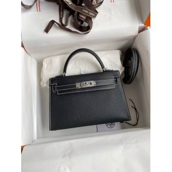 Hermes Mini Kelly II Bag 19cm in Original Epsom Leather Black/Blue/Silver 2024 (Full Handmade) (XYA-24030115)