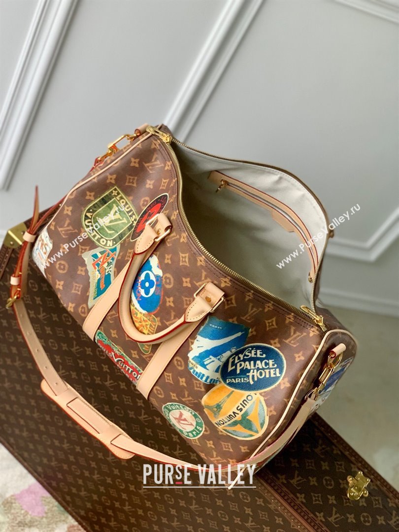 Louis Vuitton Keepall Bandouliere 45 Bag in Monogram Canvas with Vintage Hotel Labels M24960 Brown 2024 (K-24061709)