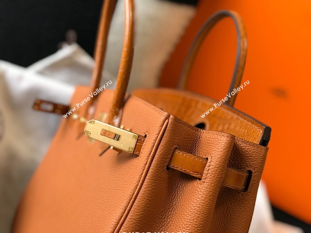 Hermes Touch Birkin Bag 30cm in Crocodile Embossed Leather and Togo Calfskin Brown/Gold 2021 (FL-21031802)