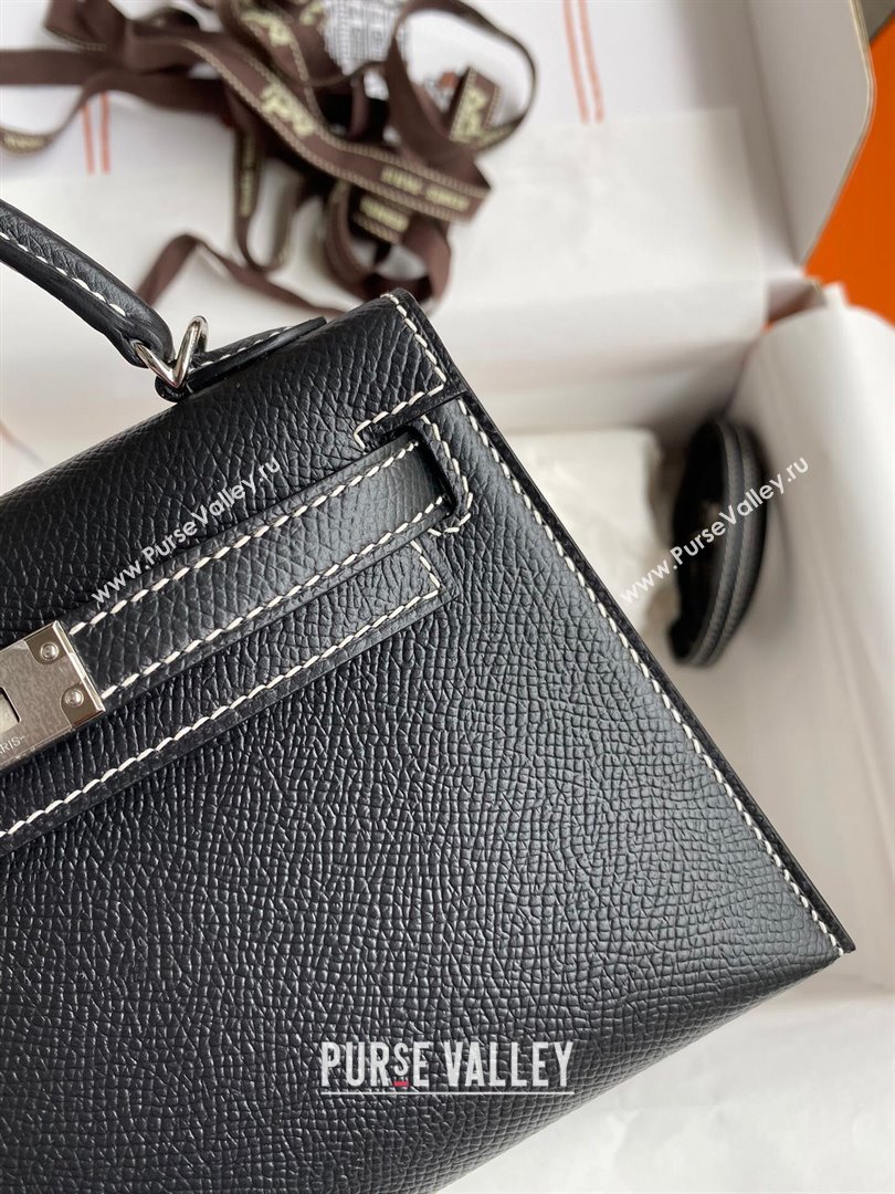 Hermes Mini Kelly II Bag 19cm in Original Epsom Leather Black/Blue/Silver 2024 (Full Handmade) (XYA-24030115)