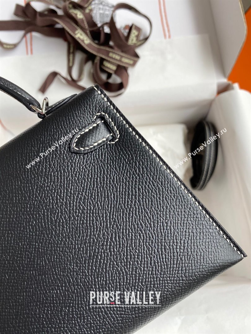 Hermes Mini Kelly II Bag 19cm in Original Epsom Leather Black/Blue/Silver 2024 (Full Handmade) (XYA-24030115)