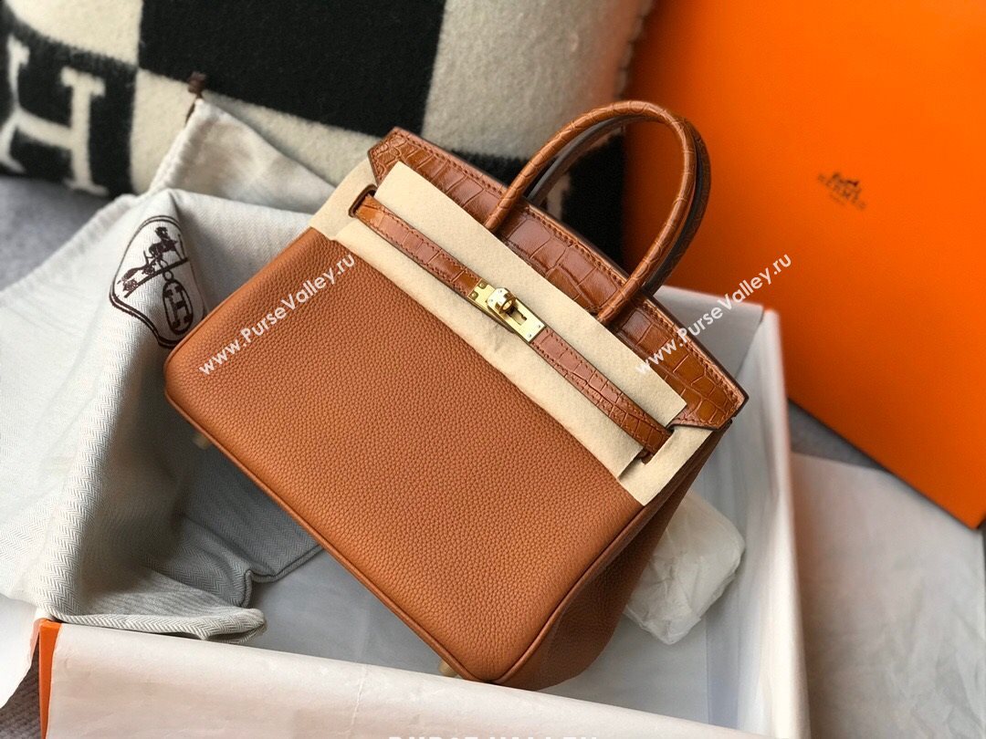 Hermes Touch Birkin Bag 25cm in Crocodile Embossed Leather and Togo Calfskin Brown/Gold 2021 (FL-21031801)