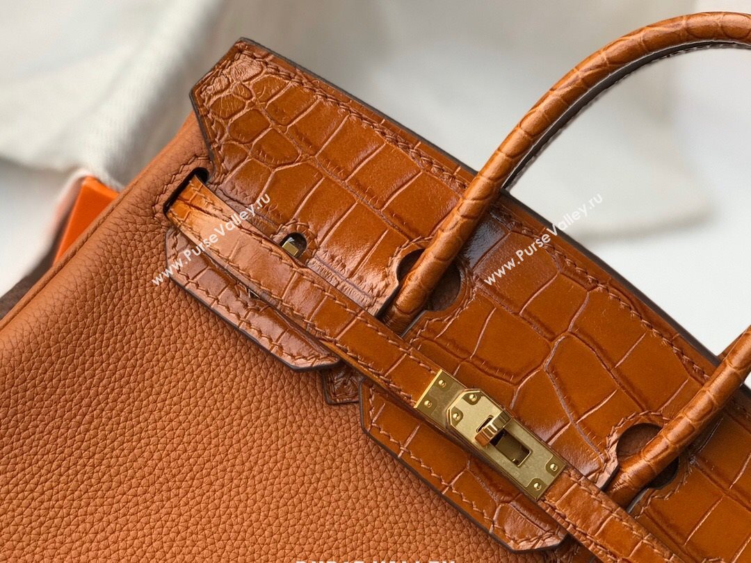 Hermes Touch Birkin Bag 25cm in Crocodile Embossed Leather and Togo Calfskin Brown/Gold 2021 (FL-21031801)