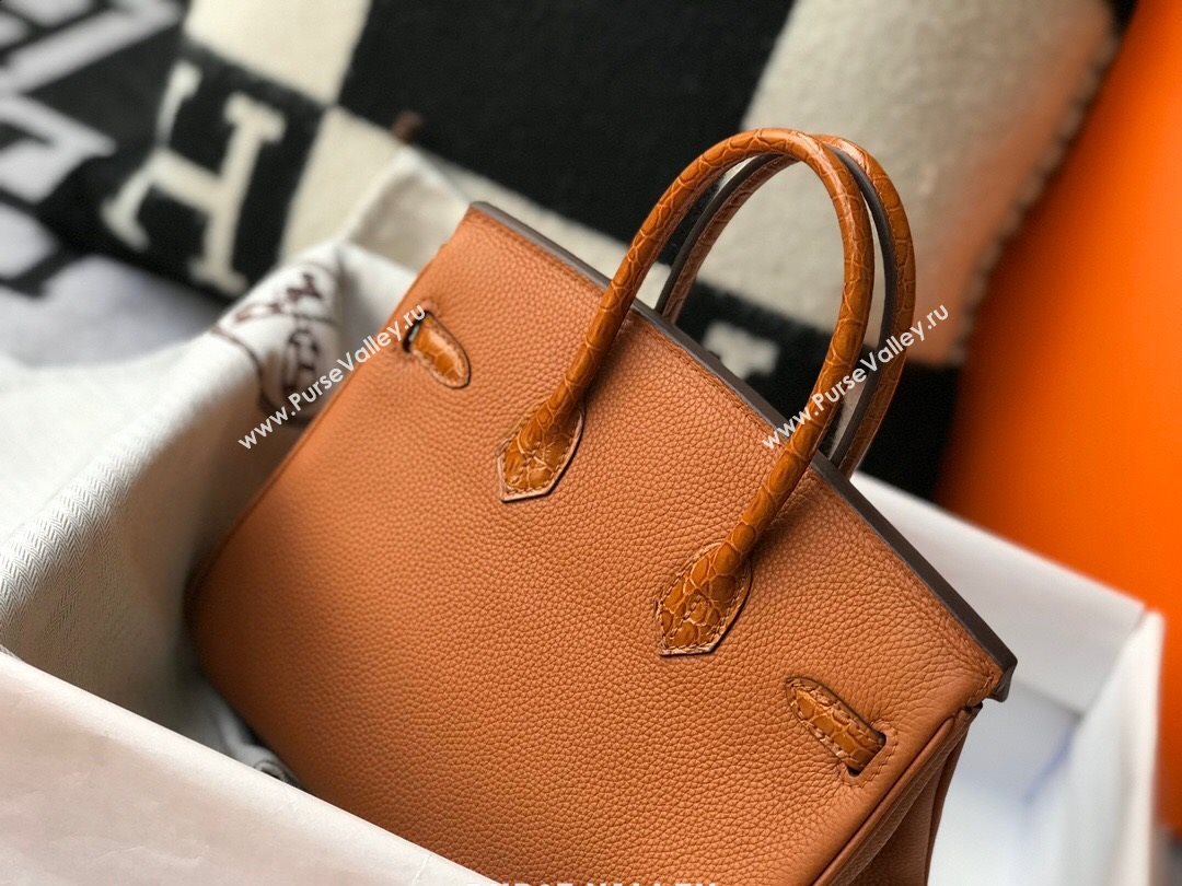 Hermes Touch Birkin Bag 25cm in Crocodile Embossed Leather and Togo Calfskin Brown/Gold 2021 (FL-21031801)