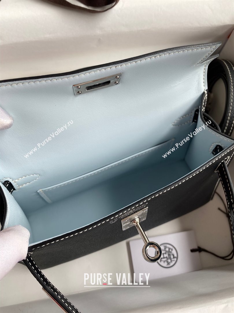 Hermes Mini Kelly II Bag 19cm in Original Epsom Leather Black/Blue/Silver 2024 (Full Handmade) (XYA-24030115)