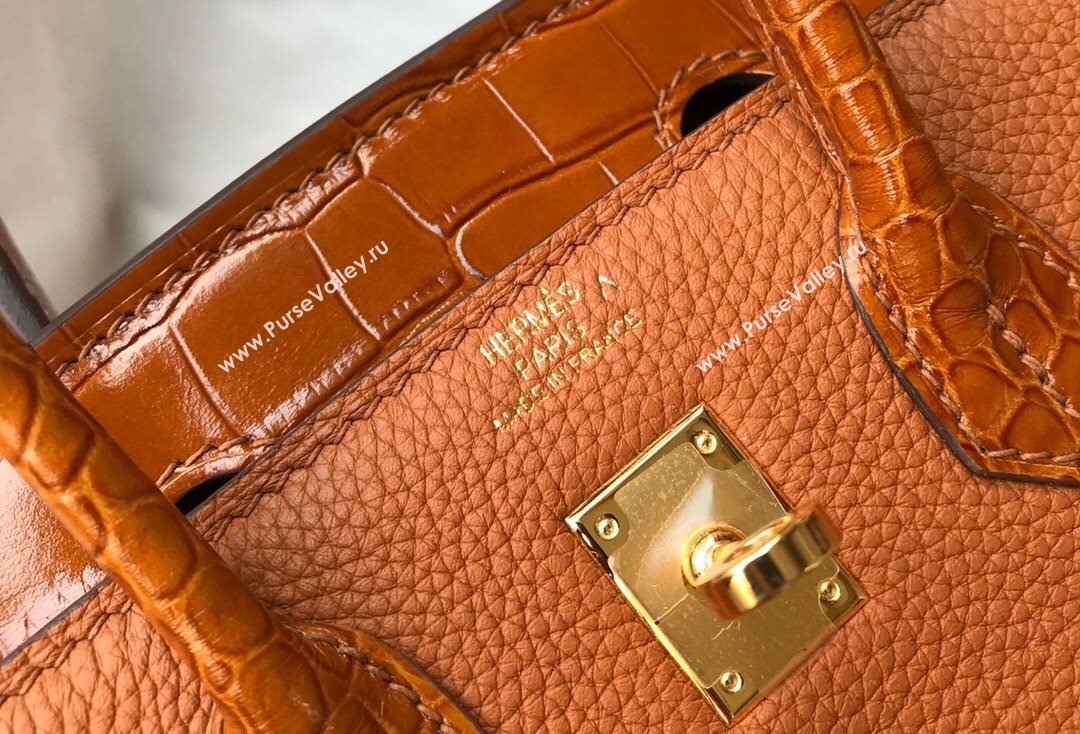 Hermes Touch Birkin Bag 25cm in Crocodile Embossed Leather and Togo Calfskin Brown/Gold 2021 (FL-21031801)