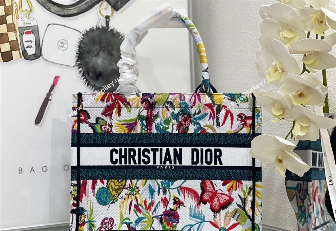 Dior Medium Book Tote Bag in White Multicolor Toile de Jouy Fantastica Embroidery 2024 (DMZ-240312068)