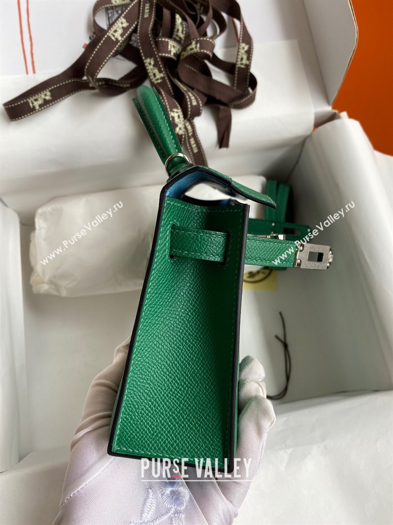 Hermes Mini Kelly II Bag 19cm in Original Epsom Leather Green/Blue/Silver 2024 (Full Handmade) (XYA-24030501)