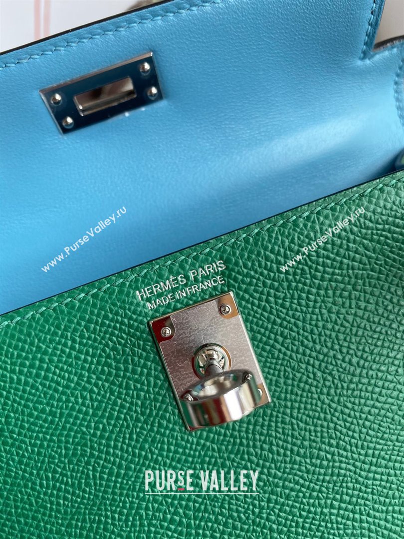 Hermes Mini Kelly II Bag 19cm in Original Epsom Leather Green/Blue/Silver 2024 (Full Handmade) (XYA-24030501)