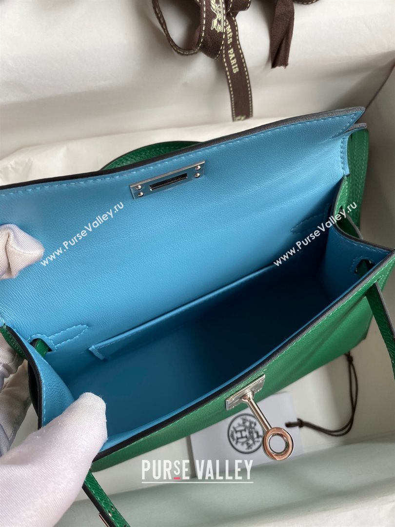 Hermes Mini Kelly II Bag 19cm in Original Epsom Leather Green/Blue/Silver 2024 (Full Handmade) (XYA-24030501)