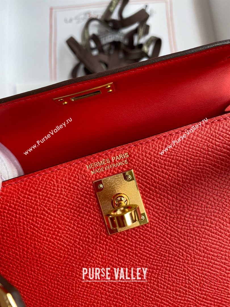 Hermes Mini Kelly II Bag 19cm in Original Epsom Leather Red/Gold 2024 (Full Handmade) (XYA-24030502)