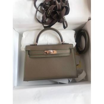 Hermes Mini Kelly II Bag 19cm in Original Epsom Leather Etoupe/Green/Rosy Gold 2024 (Full Handmade) (XYA-24030503)